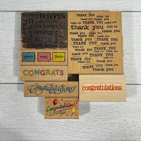 Wood and Rubber Stamp 7 Piece Thank you and Congratulations Bundle - Picture 1 of 11